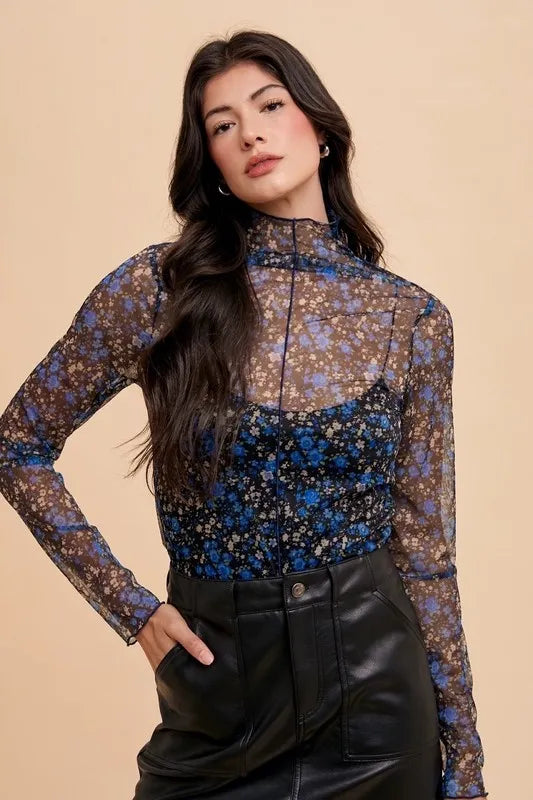 Annie Wear Floral Lettuce Hem Sheer Mesh Top | Tops Daverri Fashions