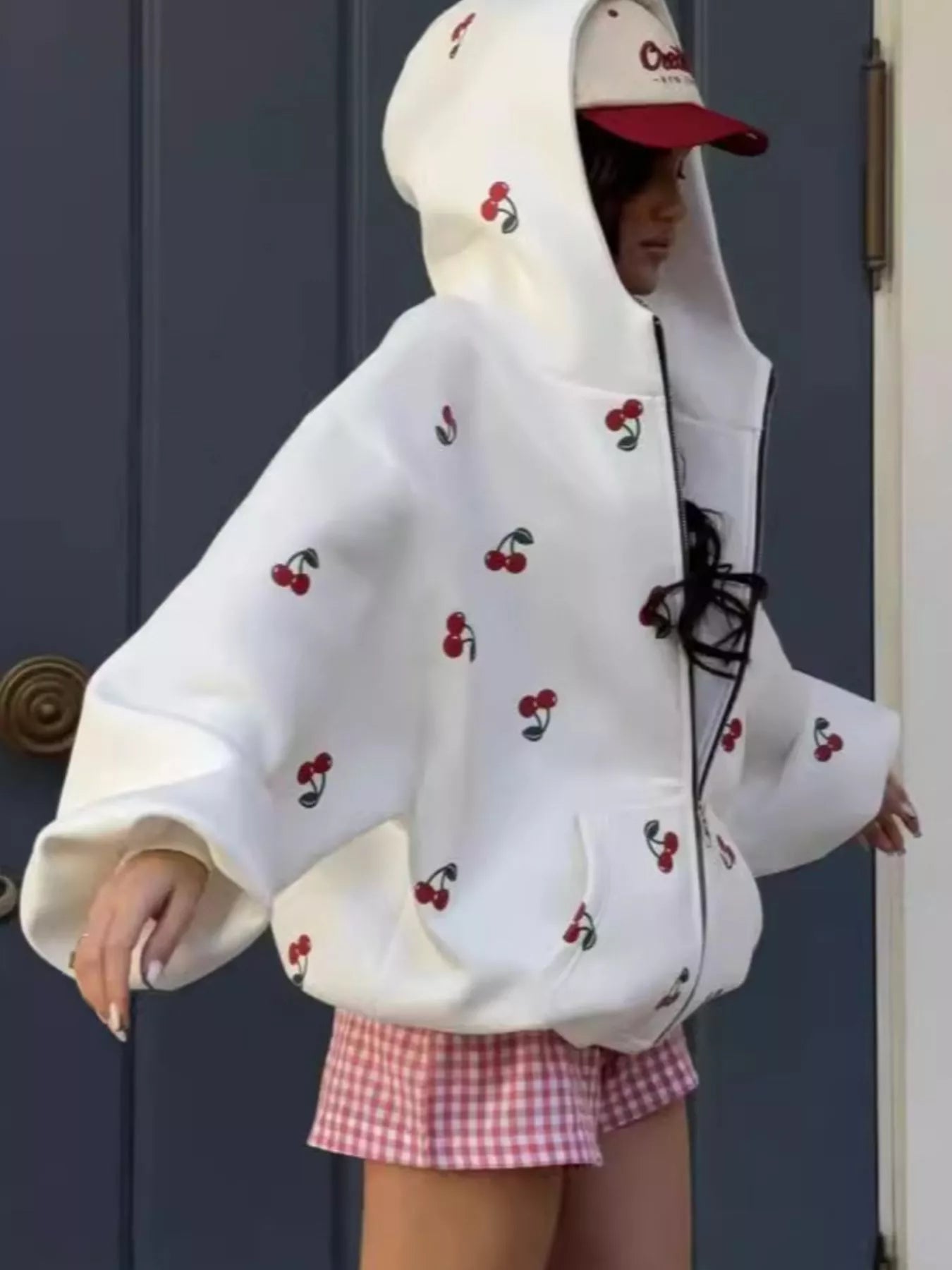 Cherry Print Oversized Zip-Up Hoodie | Hoodies Daverri Fashions