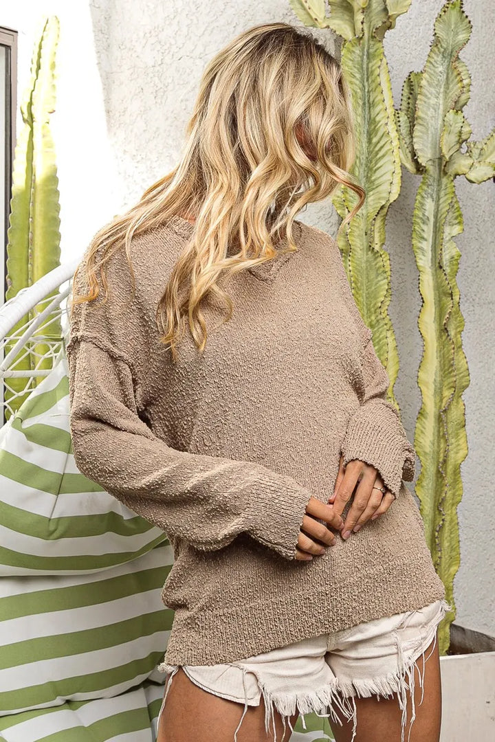 BiBi Raw Edged Popcorn Texture V-neck Sweater Sweaters