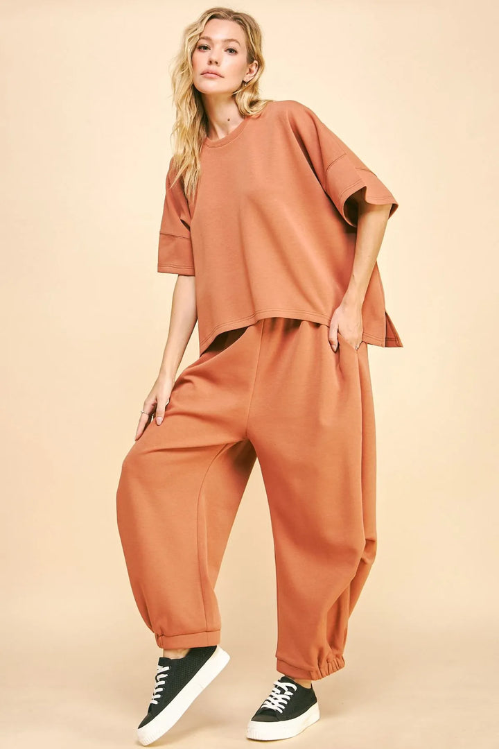 Davi & Dani Flowy Top and Elastic Waist Band Pants Set SUN BURN BROWN Pant Sets