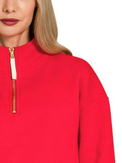 Zenana Fleece Half Zip Sweatshirt Ruby | Sweatshirts Daverri Fashions