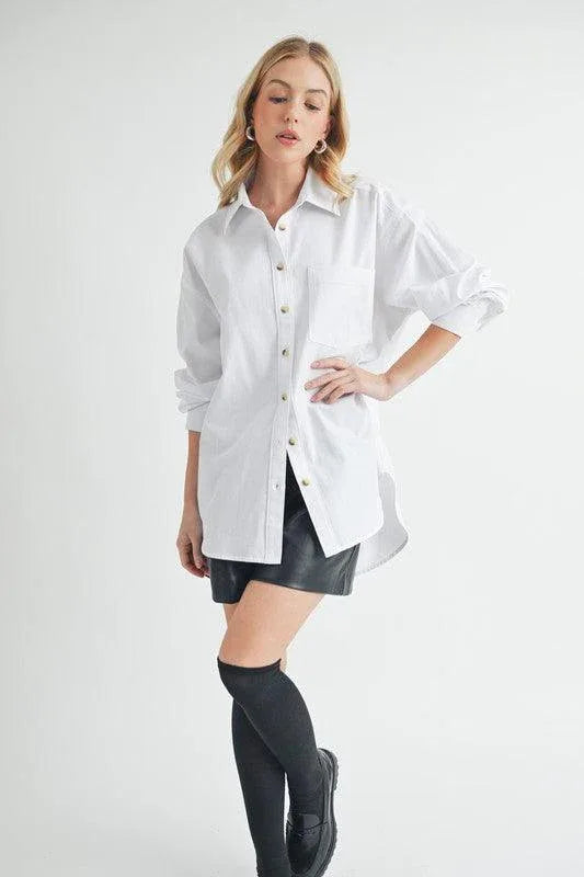 Aemi + Co High-Low Collared Neck Drop Shoulder Shirt - DAVERRI FASHIONS