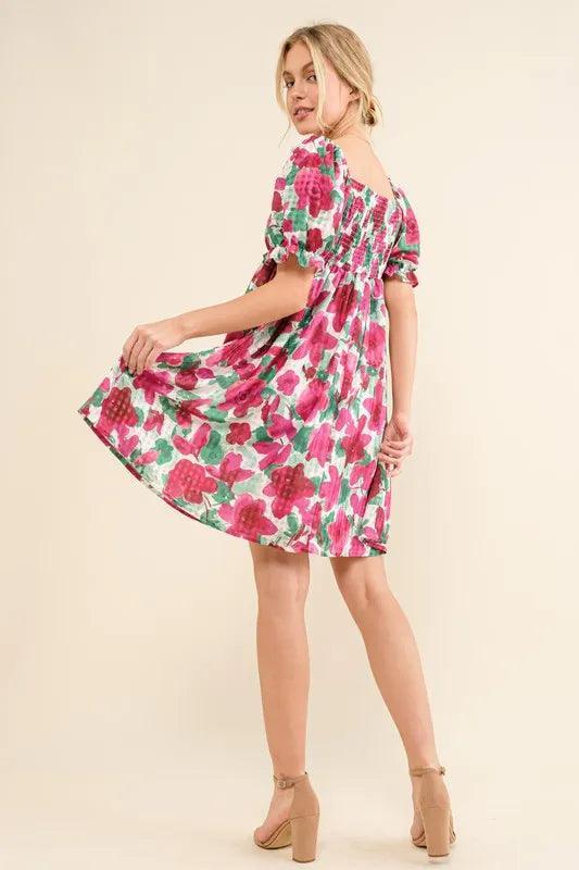 And The Why Smocked Floral Ruffle Short Sleeve Mini Dress - DAVERRI FASHIONS