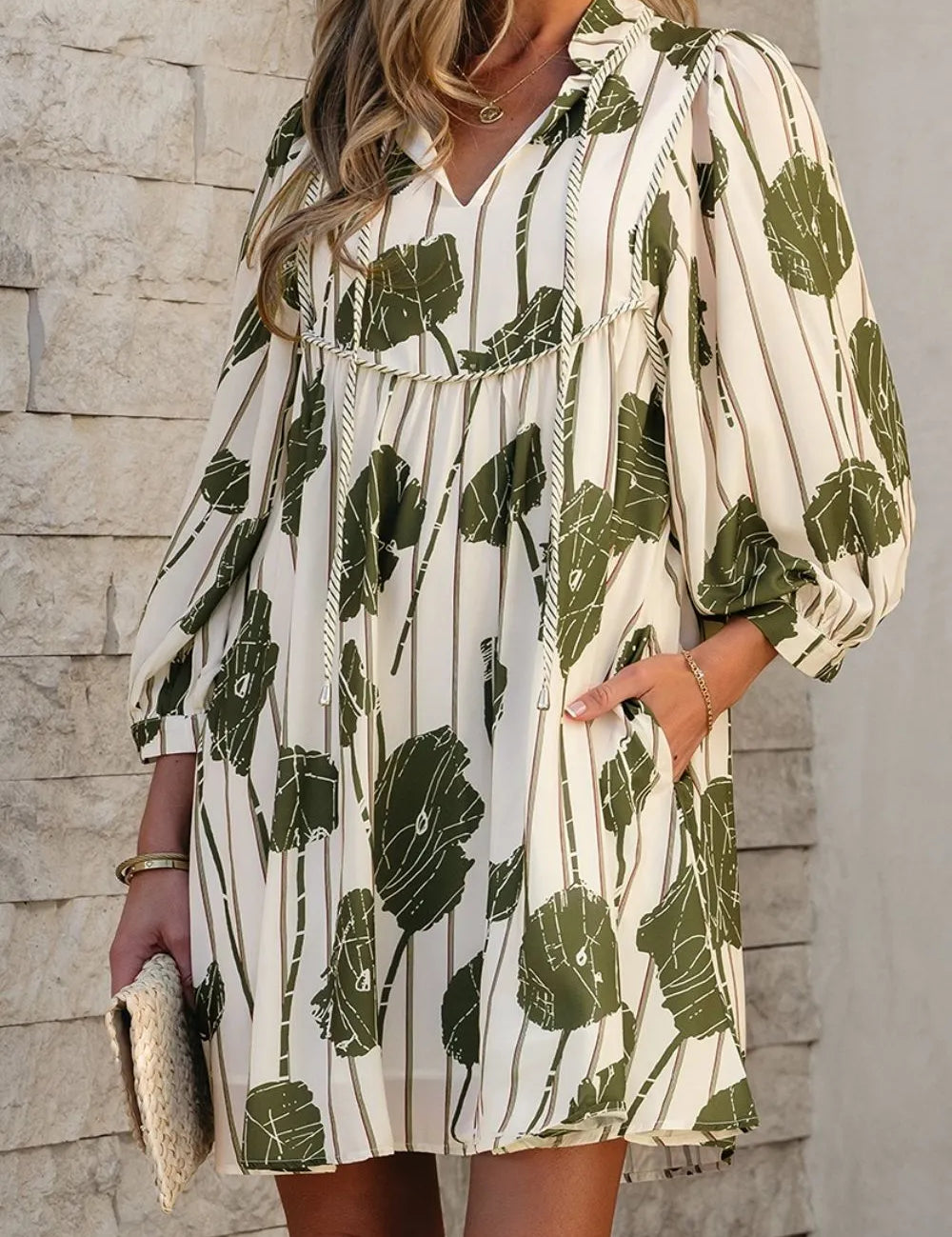 Sage Printed Tie Neck Balloon Sleeve Mini Dress | Dresses Daverri Fashions