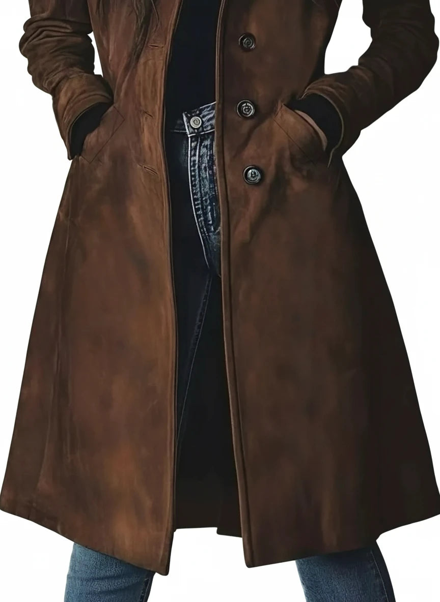 Brown leather button-up long sleeve trench coat with pockets