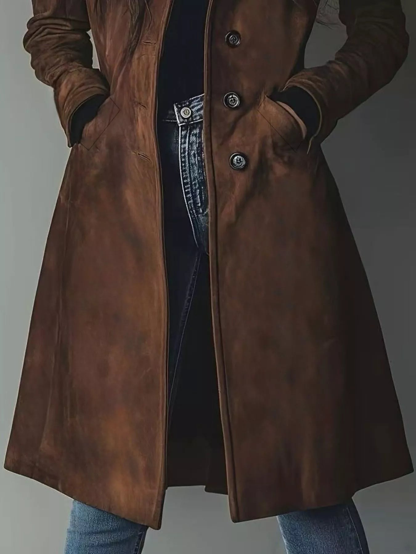 Brown leather button-up long sleeve trench coat with pockets