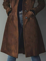 Brown leather button-up long sleeve trench coat with pockets