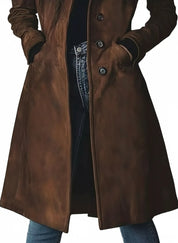 Brown leather button-up long sleeve trench coat with pockets