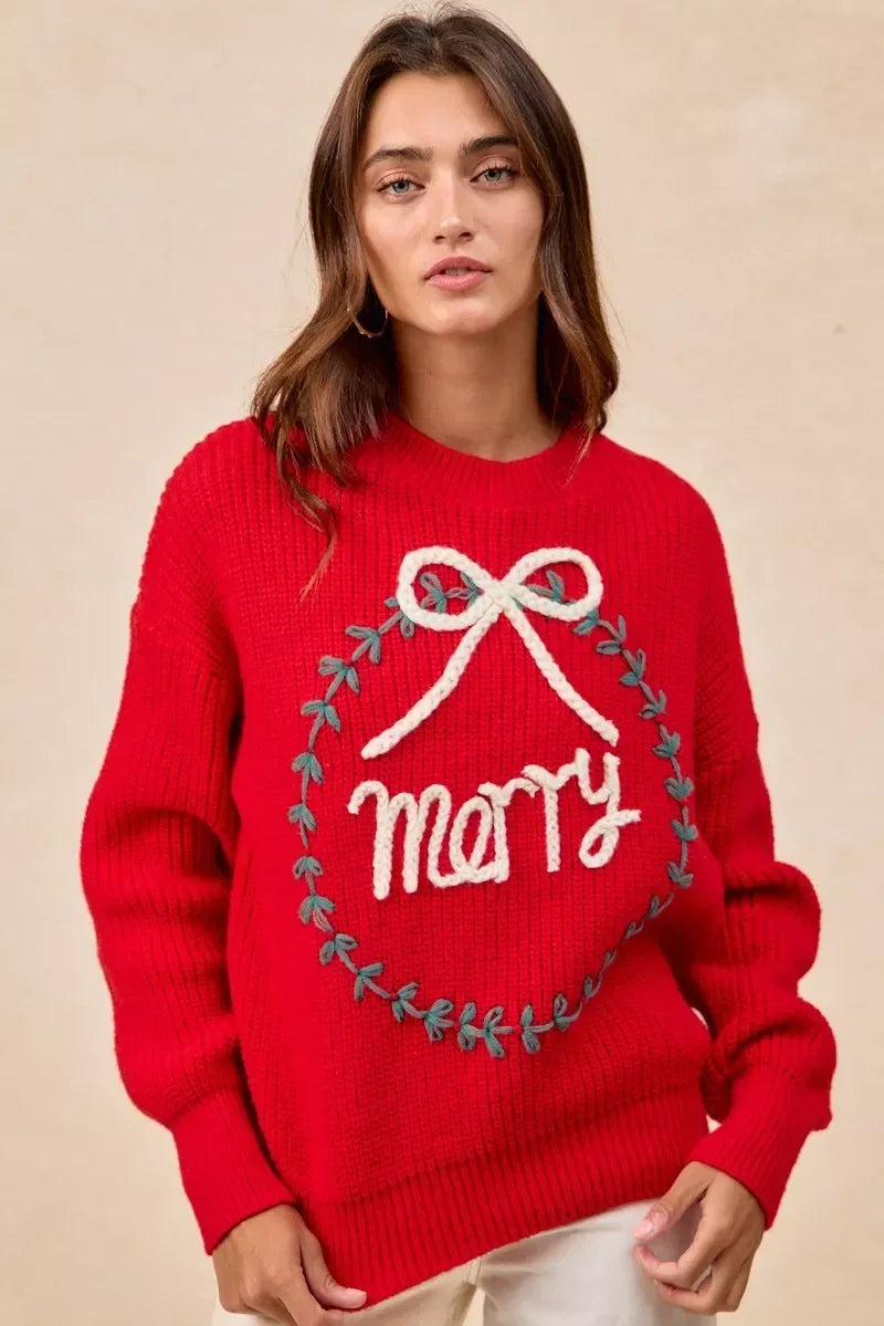 BiBi Christmas Wreath Merry Letter Knit Top - DAVERRI FASHIONS