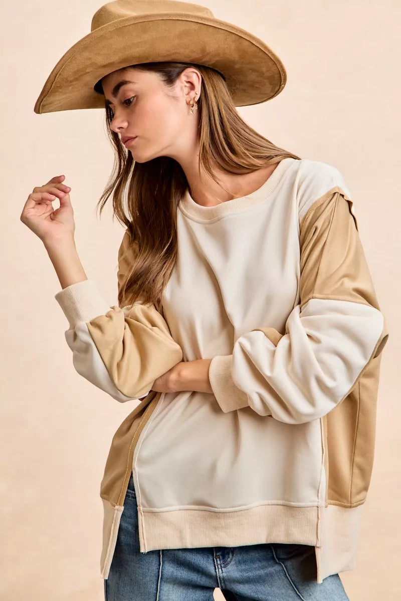 BiBi French Terry two-tone cropped sweatshirt with faux leather panels