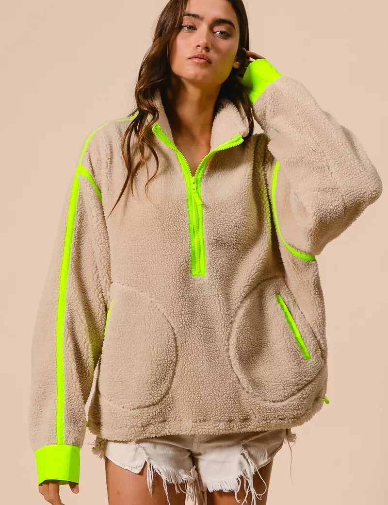 BiBi Contrast Edge Half Zip Up Sherpa Jacket | Jackets Daverri Fashions