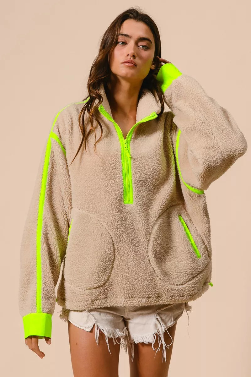 BiBi Contrast Edge Half Zip Up Sherpa Jacket | Jackets Daverri Fashions