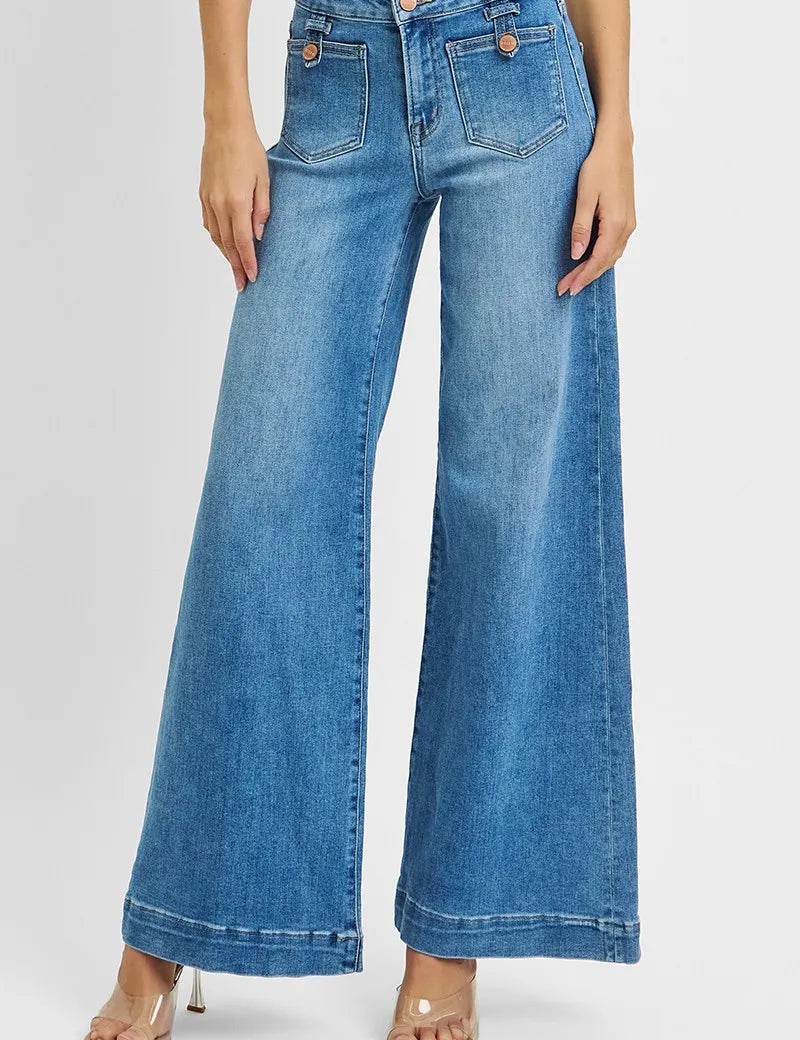MEDIUM RISEN Full Size Mid Rise Wide Front Patch Pocket Jeans | Jeans Daverri Fashions