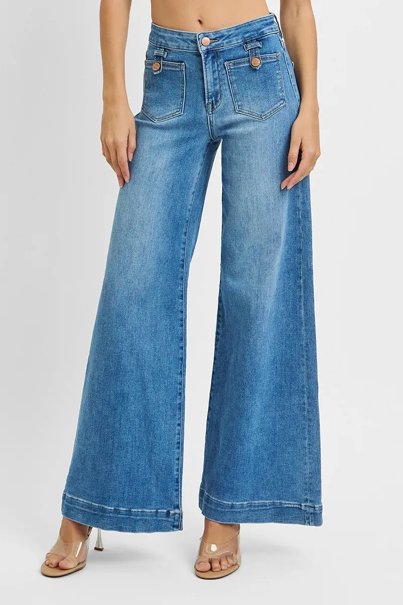 RISEN Full Size Mid Rise Wide Front Patch Pocket Jeans MEDIUM Jeans