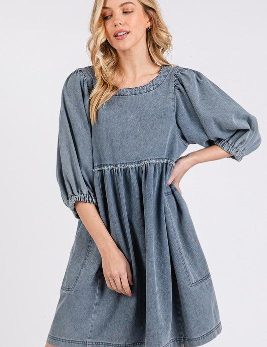 Mittoshop Washed Round Neck Puff Sleeve Denim Dress