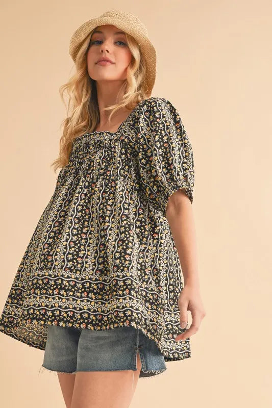 Aemi+Co Floral Short Sleeve Babydoll Top