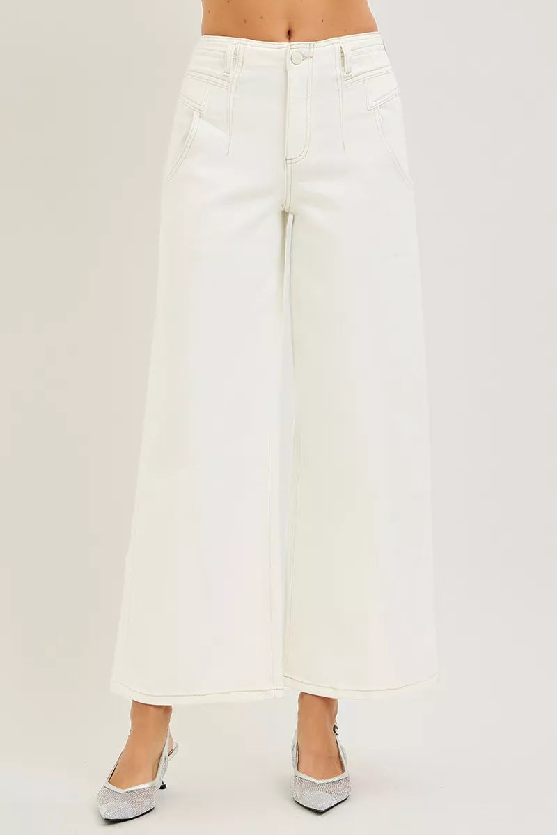 RISEN high-rise ankle wide-leg denim pants in white minimalist design