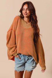 SO ME Oversized Two Tone Textured V Neck Sweater | Sweaters Daverri Fashions