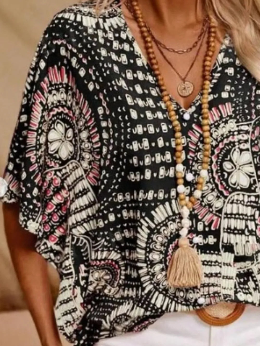 Printed V-Neck Half Sleeve Top | Blouses Daverri Fashions