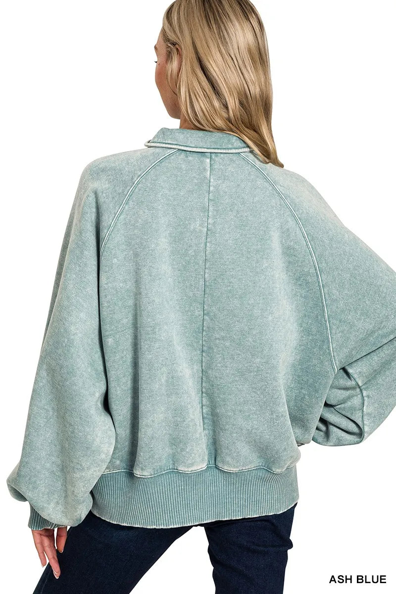 Zenana Acid Wash Fleece Collared Sweatshirt | Daverri Fashions