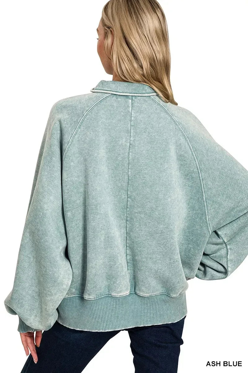 Zenana Acid Wash Fleece Collared Sweatshirt - DAVERRI FASHIONS