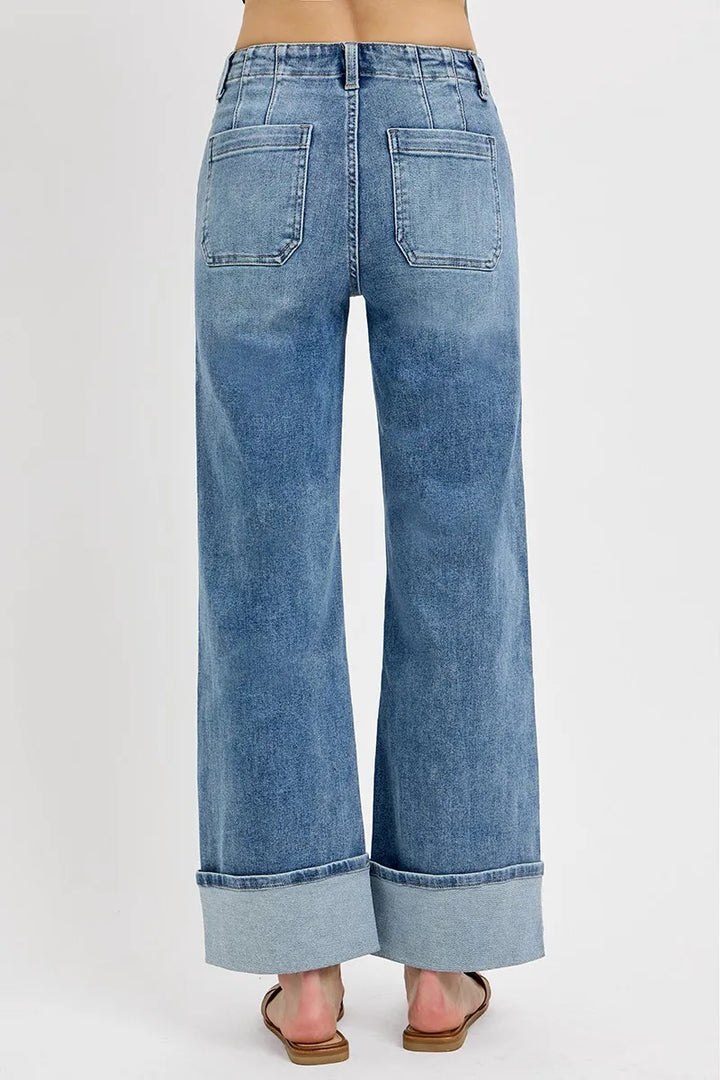 RISEN High Rise Ankle Wide Button Patch Pocket Cuffed Jeans | Jeans Daverri Fashions