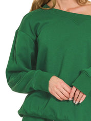 Zenana Fleece Boat Neck Sweatshirt and Shorts Set | Loungewear Sets Daverri Fashions
