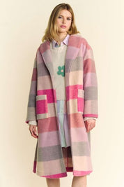 Davi & Dani Tied Color Block Collared Neck Coat Hot Pink Multicolor M Outerwear