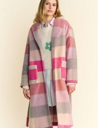 Davi & Dani Tied Color Block Collared Neck Coat Hot Pink Multicolor M Outerwear