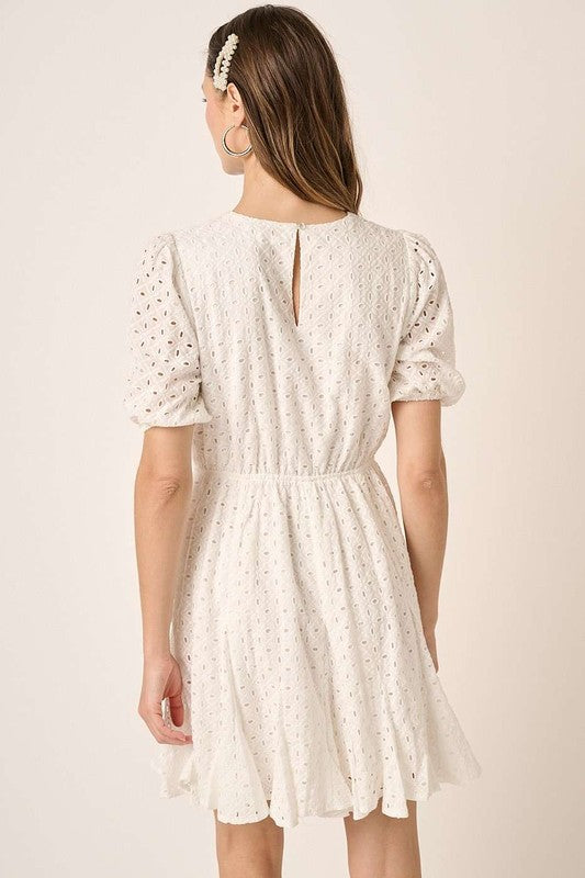 Mittoshop Eyelet Round Neck Puff Sleeve Mini Dress Mini Dresses