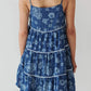Blue floral tiered square neck denim dress with white lace trim