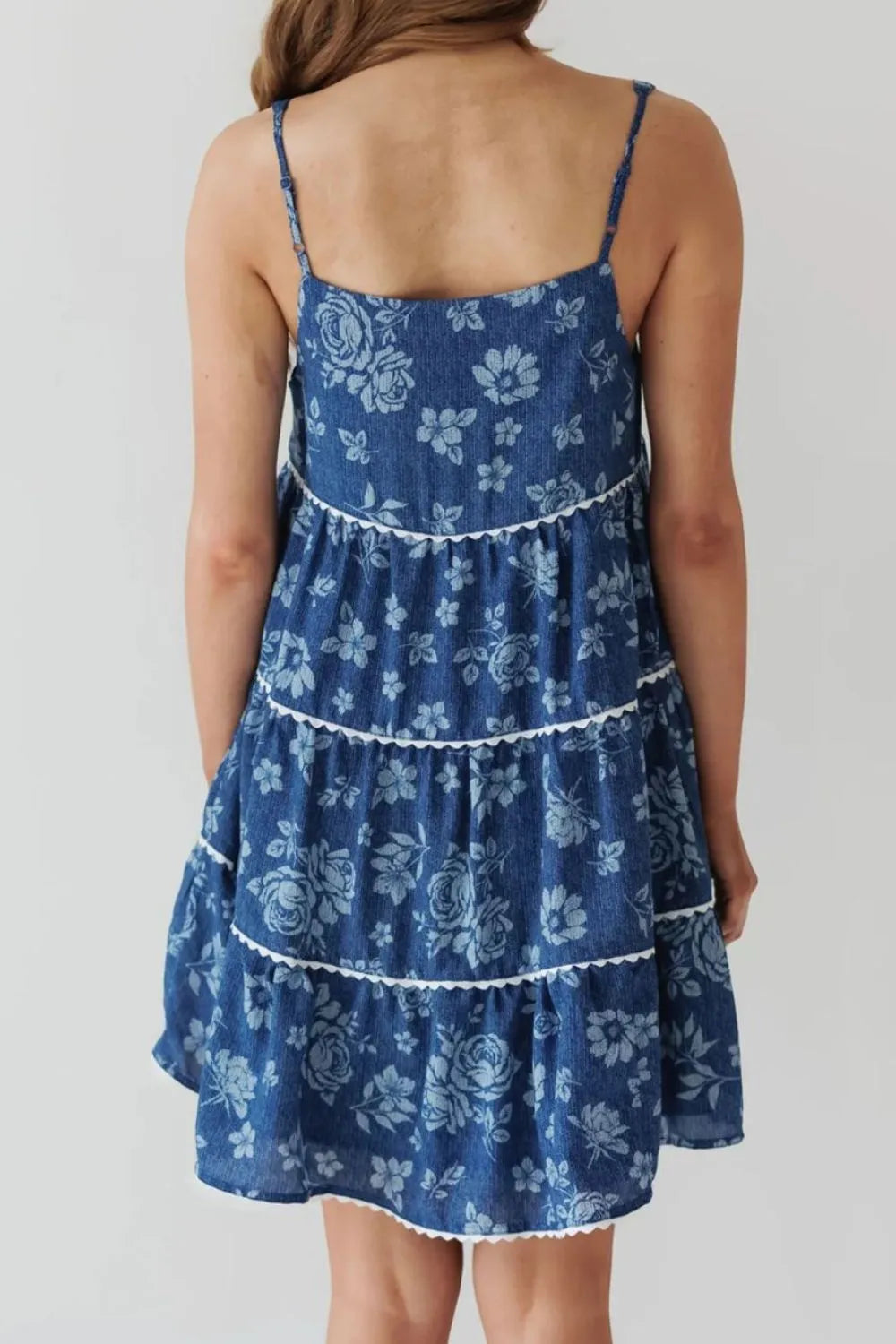 Blue floral tiered square neck denim dress with white lace trim
