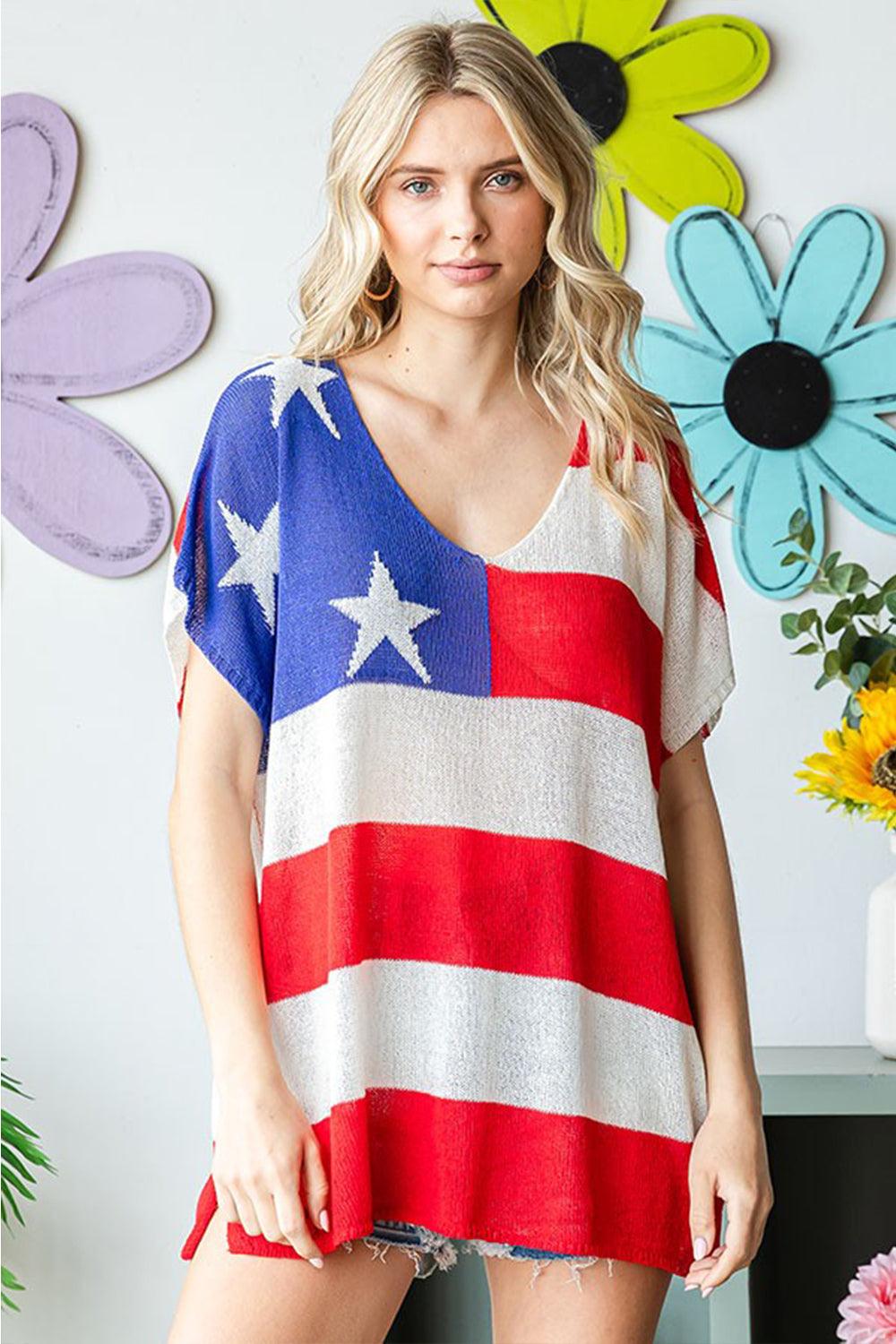 First Love Full Size USA Flag Drop Shoulder Knit Top Shirts & Tops