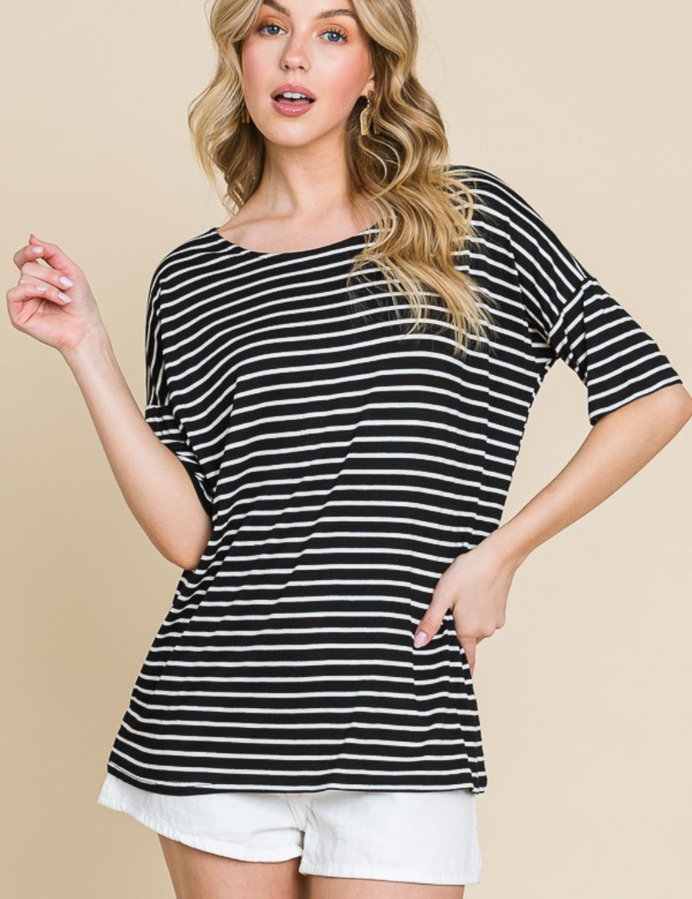 Black BOMBOM Striped Round Neck T-Shirt | Daverri Fashions