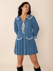Tie Front Pleated Three-Quarter Sleeve Mini Dress | Daverri Fashions