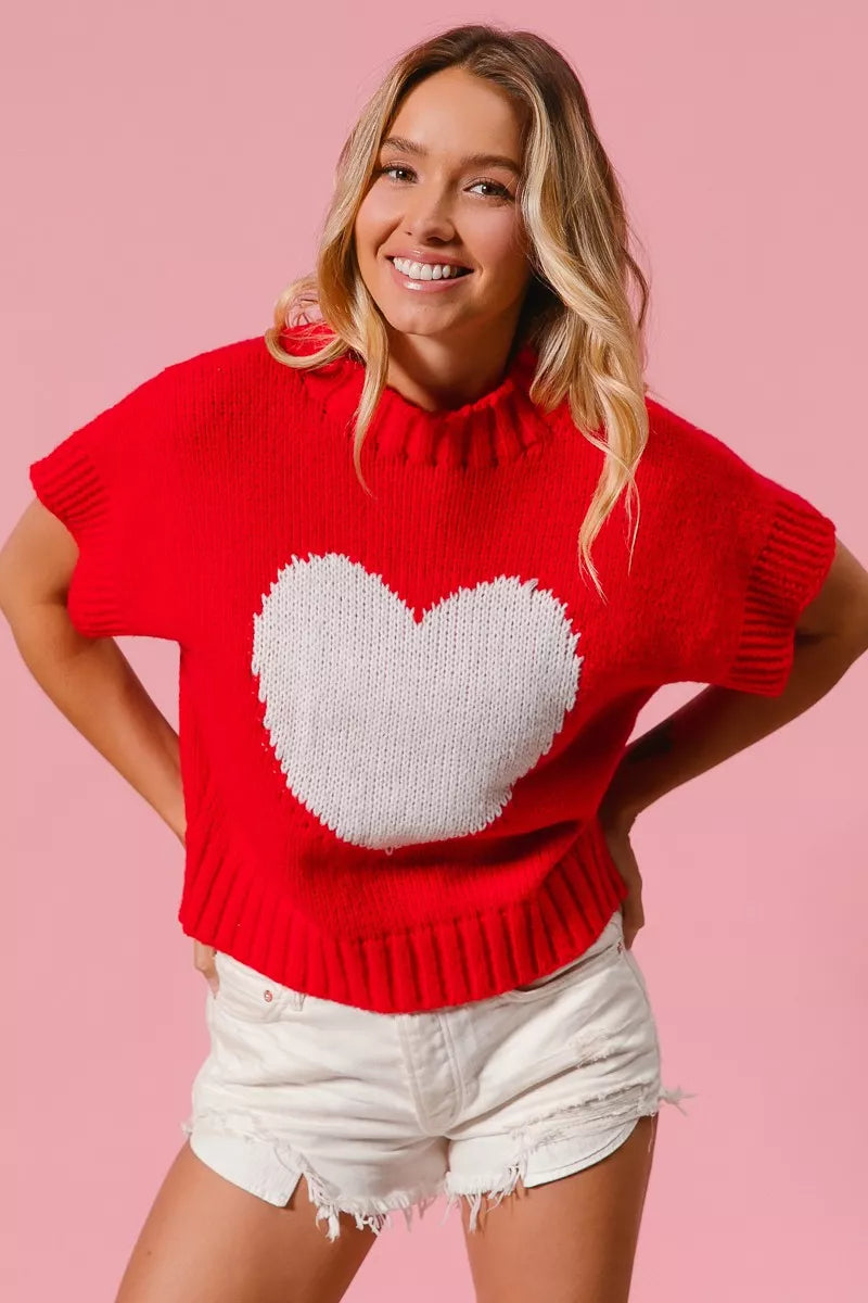 Red BiBi Rib Banded Heart Pattern Valentines Sweater