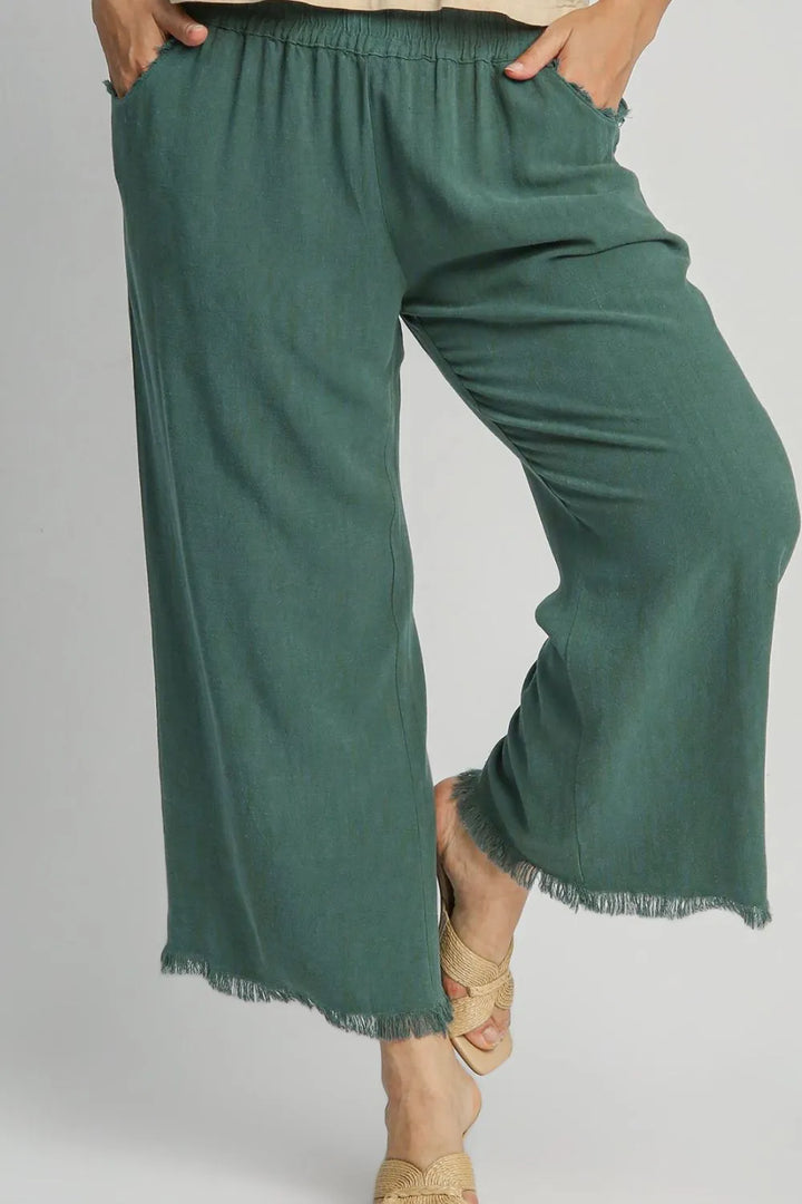 Umgee Dark Green Linen Blend Elastic Waistband Wide Leg Pants Pants