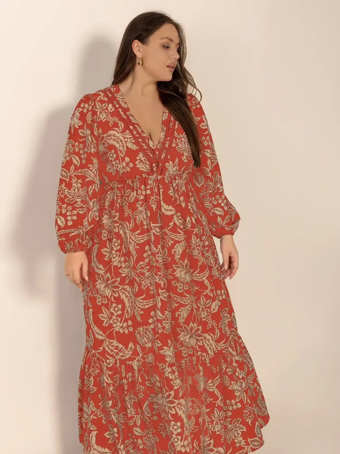 Plus Size Lace Detail Printed Balloon Sleeve Midi Dress - DAVERRI FASHIONS