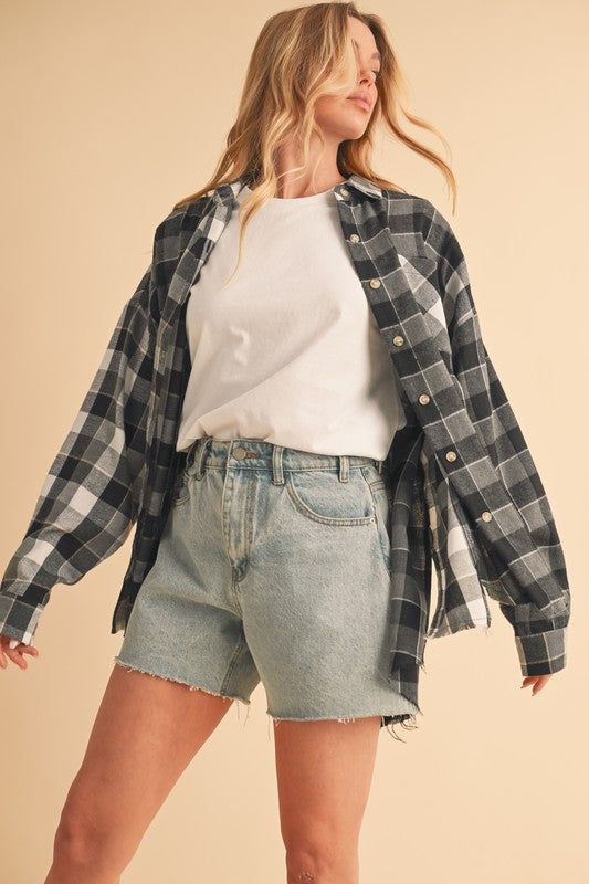 Aemi + Co Frayed Hem Plaid Button Up Flannel Shirt