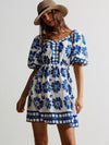 Daverri floral print puff sleeve mini dress with blue patterns