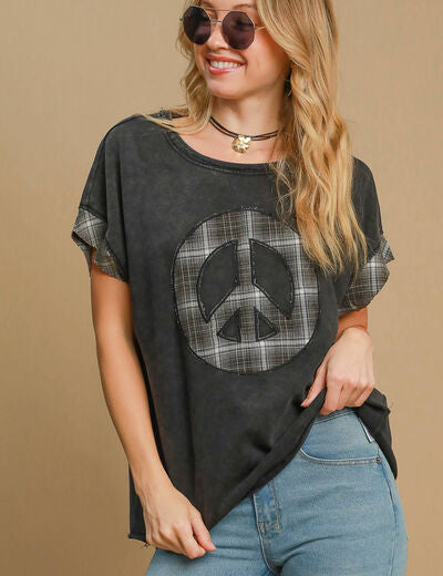 Umgee Peace Applique Round Neck French Terry Top Black