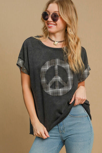 Umgee Peace Applique Round Neck French Terry Top Black