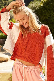 POL Cable Knit Quilting Patch V-Neck Contrast Sweater Orange | Sweaters Daverri Fashions