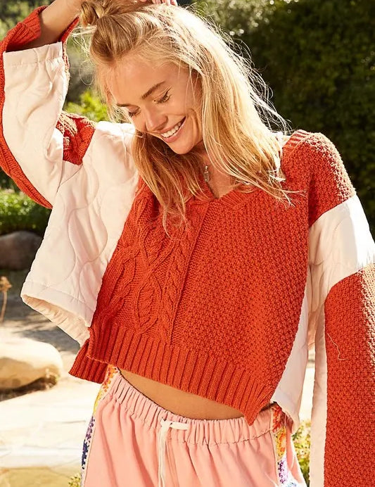 POL Cable Knit Quilting Patch V-Neck Contrast Sweater Orange | Sweaters Daverri Fashions