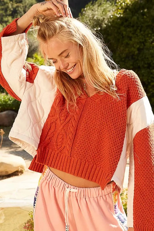 POL Cable Knit Quilting Patch V-Neck Contrast Sweater Orange | Sweaters Daverri Fashions