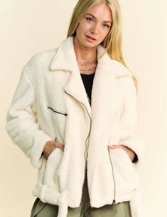 Cream Davi & Dani Faux Fur Zip Up Jacket | Daverri Fashions