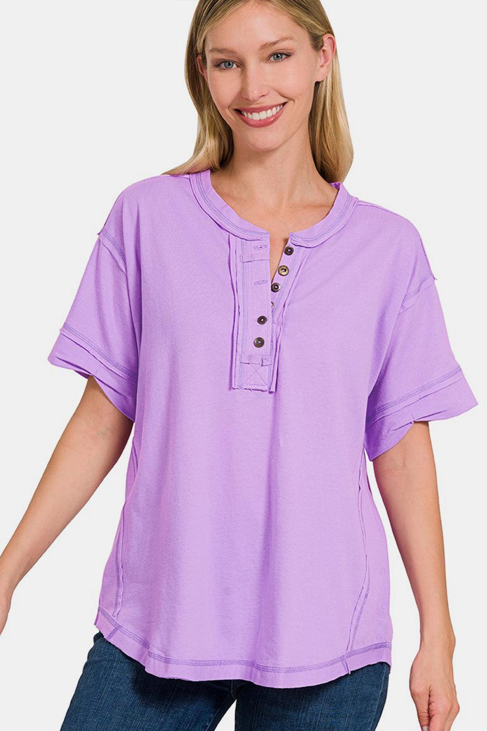 Zenana Exposed Seam Half Button Short Sleeve Top LAVENDER Shirts & Tops