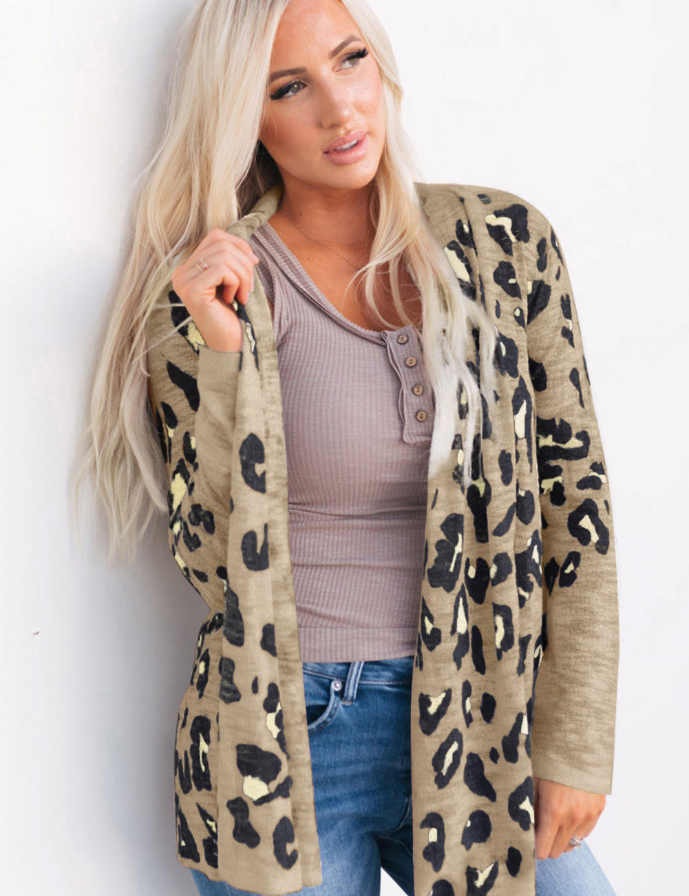 Tan Printed Long Sleeve Cardigan | Cardigans Daverri Fashions