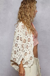 POL Openwork V-Neck Chenille Cardigan with Contrast Floral | Cardigans Daverri Fashions