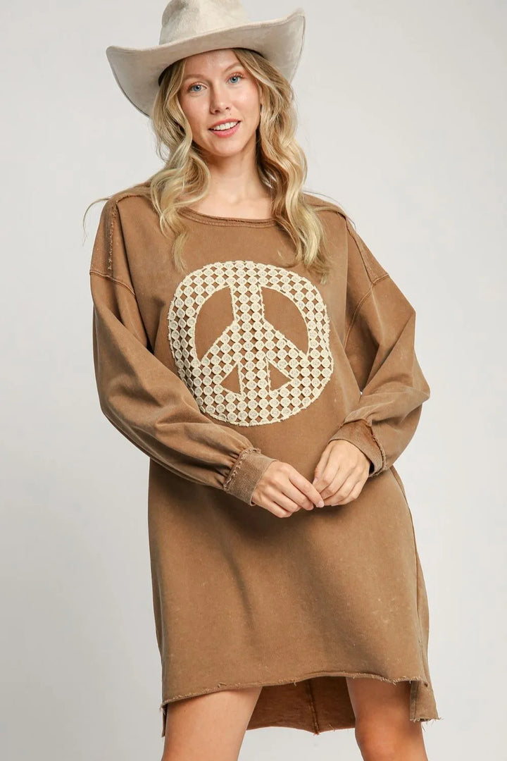 Umgee Peace Lace Applique Frayed Hem French Terry Mini Dress Caramel